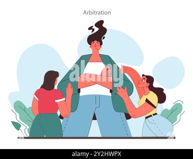 An illustration showing arbitration as a valuable method for resolving conflicts between two disagreeing parties Stock Vector