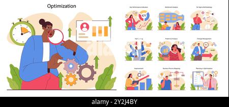 Business processes optimization set. Productive employee with efficient work method. Performance for better business optimization, development and growth. Flat vector illustration Stock Vector