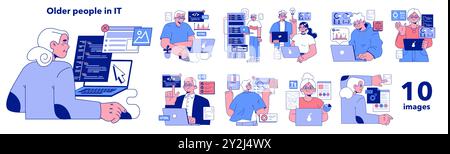 Senior developer set. Old people programming and coding. Developing and maintaining website and app. Oldster IT specialists working in server and data processing centers. Flat vector illustration Stock Vector