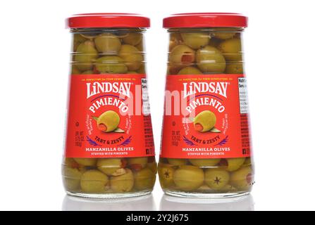 IRVINE, CALIFORNIA - 6 SEPT 2024: Two bottles of Lindsay Pimiento Manzanilla Olives stuffed with Pimiento. Stock Photo