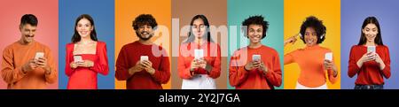 Diverse group of young adults using smartphones against colorful backgrounds Stock Photo