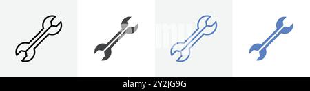 double wrench icon linear thin line icon graphics set black and white Stock Vector