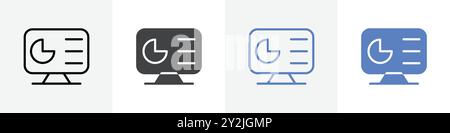 pie graph in monitor icon linear thin line icon graphics set black and white Stock Vector