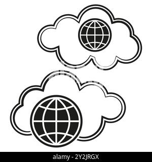 Cloud storage vector. Globe icon inside cloud. Internet cloud symbol. Black and white illustration. Stock Vector
