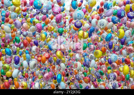 London, UK, 10th September, 2024. To mark World Suicide Prevention Day, CALM (Campaign Against Living Miserably) sought to raise awareness of youth suicide in an installation called, 'Missed Birthdays,' where each one of the 6,929 balloons represented a tragic loss of a young person in the past decade, and the age they did not reach. The mental health charity introduced the CALM C.A.R.E. kit, showing practical steps we can take to help the young people in our lives when they are faced with overwhelming thoughts. The installation may be visited for three days from the 9th-11th September in the  Stock Photo