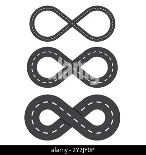 Three infinity shaped roads with dashed lines. Various thicknesses of black road loops. Simple vector illustration. Stock Vector