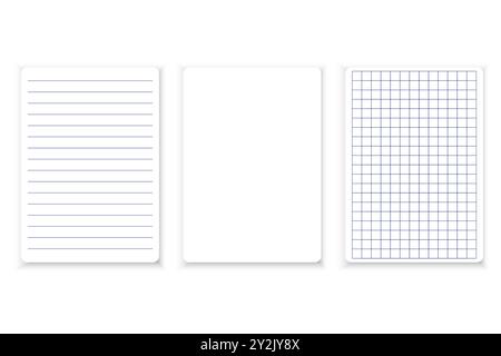 Three vertical paper templates with shadows. Lined, blank, and grid paper layouts. Minimalist and clean design. Stock Vector