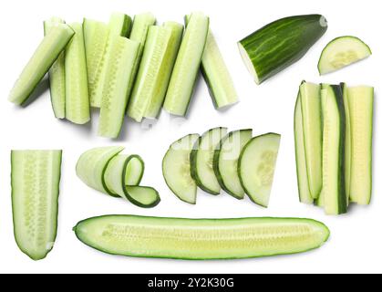 Fresh cucumbers isolated on white, collage. Different types of cuts Stock Photo