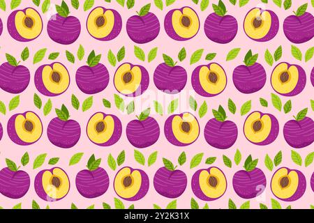 Plum cartoon seamless pattern. Hand drawn fruit trendy boundless background. Cute plums fruits endless design for paper print fabric textile wrapper backdrop template with vector violet prune fruit Stock Vector