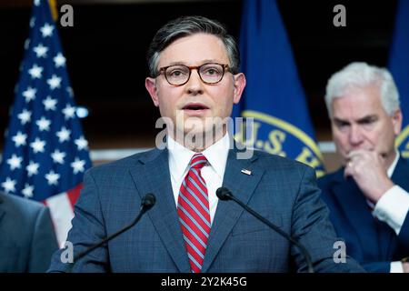 Washington, United States. 10th Sep, 2024. House Speaker Mike Johnson (R-LA) speaking at a press conference at the U.S. Capitol in Washington, DC. (Photo by Michael Brochstein/Sipa USA) Credit: Sipa USA/Alamy Live News Stock Photo