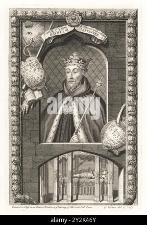 John of Gaunt, English prince, military leader and statesman, 1340-1399.. Portrait of king in ermine mantle, with crown and sceptre. In frame decorated with coats of arms, gauntlet, swords. Vignette of his tomb with wife Blanche in old St Paul's Cathedral. King of Castile and Leon, Duke of Lancaster. From a painting on glass window in All Souls College, Oxford. Copperplate engraving drawn and engraved by George Vertue from his Heads of the Kings of England, proper for Mr Rapin’s History, translated by N. Tindal, printed for James, John and Paul Knapton, London, 1736. Stock Photo