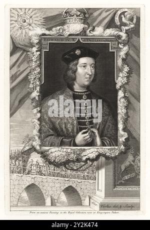 Edward IV, King of England, France, Lord of Ireland, 1442-1483. In velvet cap, brocade doublet, holding a ring. With crown, rose, crest, garland. Vignette of the Battle of Ludford Bridge in the War of the Roses. From a painting in Kensington Palace. Copperplate engraving drawn and engraved by George Vertue from his Heads of the Kings of England, proper for Mr Rapin’s History, translated by N. Tindal, printed for James, John and Paul Knapton, London, 1736. Stock Photo