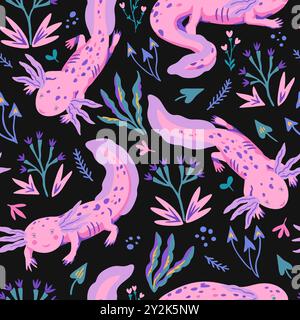 Hand-drawn seamless pattern with doodle axolotles and plants. Cute vector illustration in modern style in delicate pastel colors. Stock Vector