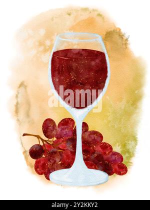 Watercolor white wine in a glass isolated on white background. Hand ...