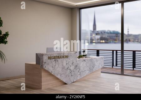 A modern marble reception counter at the entrance of a skyscraper office, with a stunning city view. interior design, place of work, entrance, front d Stock Photo