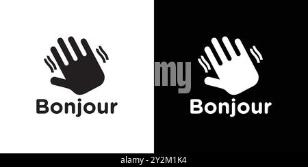 Bonjour text with hand wave icon Black line art vector in black and white outline set collection sign Stock Vector