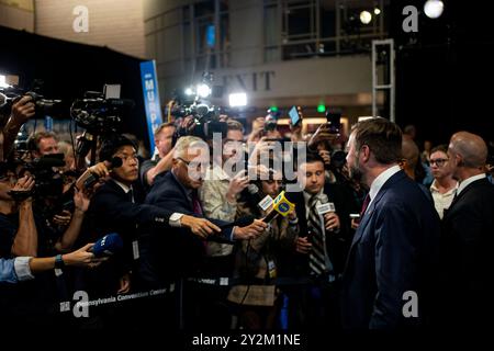 Republican vice-presidential nominee JD Vance speaks to reporters in the spin room following the ABC Presidential Debate between Democratic presidential nominee and Vice President Kamala Harris and Republican presidential candidate, former U.S. President Donald Trump at the Pennsylvania Convention Center in Philadelphia, Pennsylvania on Tuesday, September 10, 2024. Trump and Harris will meet for their first, and potentially only, debate in a battleground state less than two months before Election Day. Photo by Bonnie Cash/UPI Stock Photo