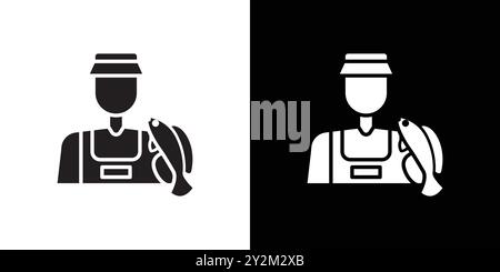 Fisherman with fish icon Black line art vector in black and white outline set collection sign Stock Vector