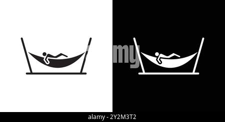 Person relaxing on hammock icon Black line art vector in black and white outline set collection sign Stock Vector