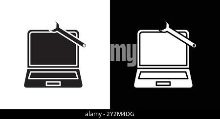 Repairing laptop icon Black line art vector in black and white outline set collection sign Stock Vector