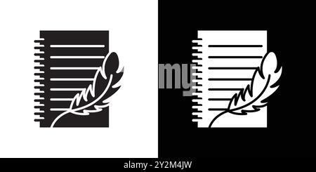 Quill pen and notebook page icon Black line art vector in black and white outline set collection sign Stock Vector
