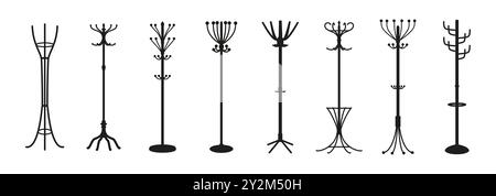 Coat hanger and hats racks with hooks for dress garments, vector silhouette icons. Rack hangers of different shapes for hats and coats with hooks and umbrella compartment for home wardrobe storage Stock Vector