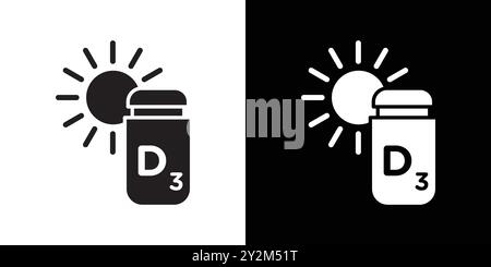 Vitamin D3 icon Black line art vector in black and white outline set collection sign Stock Vector