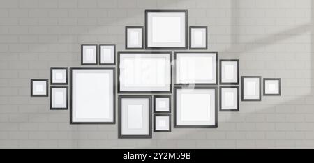 White brick wall with rectangle and square simple photo frame composition and shadow of window. Realistic 3d vector elegant modern picture border mockup for home decor or gallery exhibition. Stock Vector