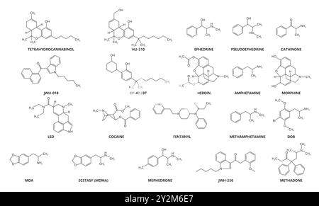 Synthetic and organic drug molecules and formulas. Vector chemical structures set of hu 210, tetrahydrocannabinol, ephedrine, pseudoephedrine, cathinone, amphetamine, lsd, cocaine, methadone, fentanyl Stock Vector