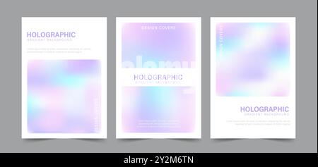 Y2k Holographic Gradient Background. Set of trendy abstract neon templates. Iridescent aura posters. Modern pearlescent vector. Pastel minimalist Stock Vector