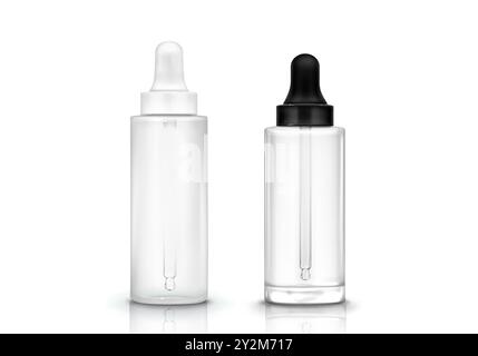 Serum dropper bottle mockup. Glass drop pipette with container isolated 3d vector. Clear medical flask mock up. Plastic blank tube for essence or eye medicine product illustration. Collagen flacon Stock Vector