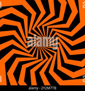 Psychedelic Halloween spiral pattern in vibrant black and orange colors. Bold vector swirl, intense, dynamic spooky and trippy motion optical illusion effect with twisting lines and geometric shapes Stock Vector