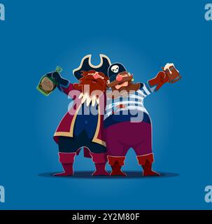 Two cartoon old pirates or corsairs, drunk characters with rum bottles, vector personages. Pirate sailors hugging drunk or boatswain corsair and filibuster men in tricorne hat with eyepatch and skull Stock Vector
