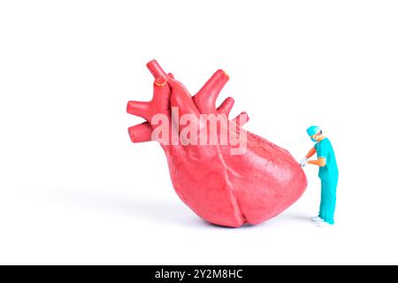 Tiny surgeon working on a large heart model, illustrating medical intervention and healthcare themes. Stock Photo