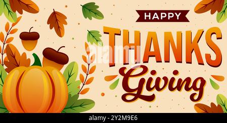 happy thanksgiving horizontal banner illustration in gradient Stock Vector