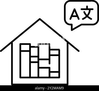 Book in a house and foreign languages symbols in speech bubble. Latin letter and Chinese character. Global library. Pixel perfect, editable stroke vec Stock Vector