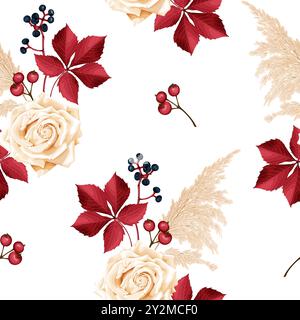 This is a vector illustration featuring a seamless pattern of cream roses, red autumn leaves, pampas grass, and berries. Stock Vector