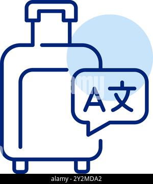 Wheeler suitcase and speech bubble with languages symbol. Learning foreign languages for travel. Pixel perfect, editable stroke vector icon Stock Vector
