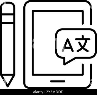 E-tablet, pencil and speech bubble with languages symbols. Interactive e-learning tools, creative online platform. Pixel perfect, editable stroke vect Stock Vector