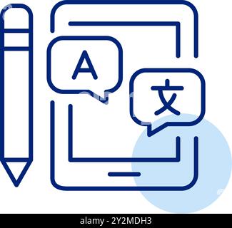 E-tablet, pencil and speech bubbles with Latin letter and Chinese character. Learning foreign languages through communication. Online platforms. Pixel Stock Vector