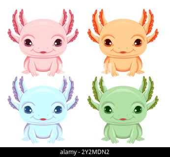 Vector set of cute colorful axolotls in front view clipart in cartoon style isolated from background. Pretty lizard. Collection of illustrations Stock Vector