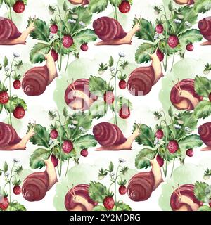 Red wild strawberry with leaves and flowers, animal cute snail. Hand drawn watercolor seamless pattern on white background. For design and decor, text Stock Photo