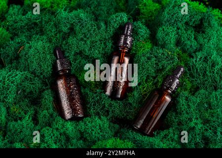 Brown glass dropper bottles arranged on green moss in a natural setting Stock Photo