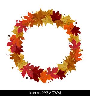 Vector isolated round frame of yellow dry maple autumn leaves. Border for text and lettering. Isolated flat illustration with brown plants for design, Stock Vector