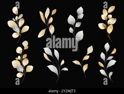 Gold and silver watercolor branches with leaves, isolated vector elements on black background. Stock Vector