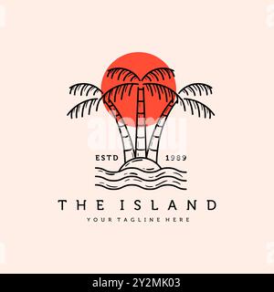 Palm or Coconut Line Art Logo Vector Illustration Design. Vintage Hand Drawn Palm Logo Badge Template Design. Sunset In The Island Logo Concept. Stock Vector