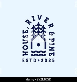 House, River and Pine Line Art Modern Logo Illustration Design. Simple Modern Minimalist House Logo Template Design. Creative House Logo Inspiration Stock Vector