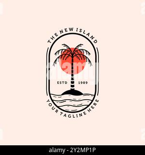 Palm or Coconut Line Art Logo Vector Illustration Design. Vintage Hand Drawn Palm Logo Badge Template Design. Sunset In The Island Logo Concept. Stock Vector