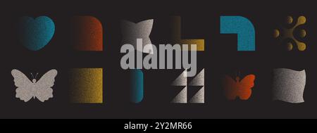 Set of trendy y2k elements with retro photocopy effect. Vector noise grainy texture Stock Vector
