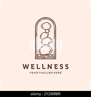 Balanced Stone Simple Line Art Logo Vector Illustration Design. Vintage Hand Drawn Rock Balancing Logo Template. Simple Modern Minimalist Balancing Stock Vector